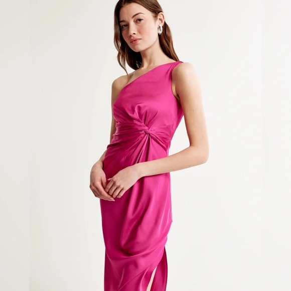 Abercrombie and Fitch - One-Shoulder Satin Knotted Midi Dress Pink - XS - Picture 1 of 6